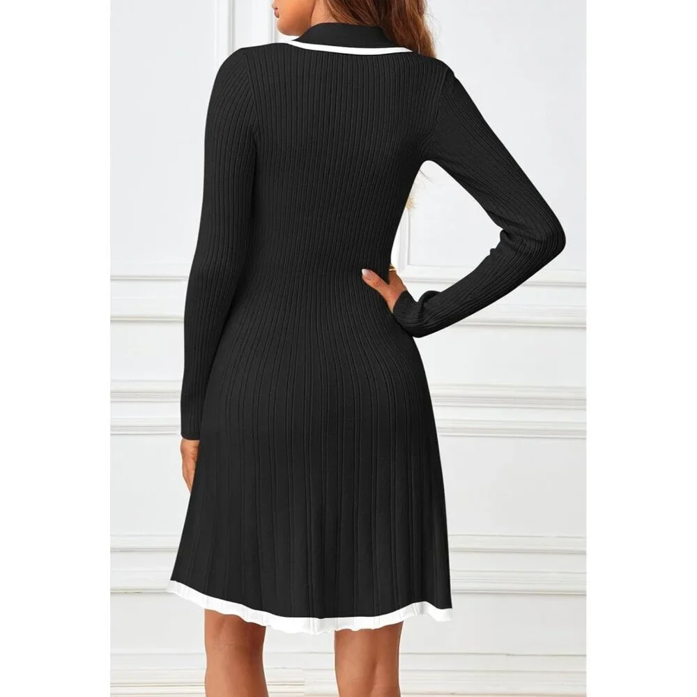 Merokeety Women's Black Long Sleeve V Neck Button Knit Pleated Sweater Dress - Picture 4 of 7